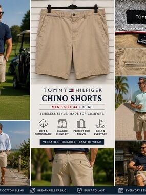 Tommy Hilfiger Shorts 44 Beige Chino Flat Golf Casual Travel Preppy Dadcore Club